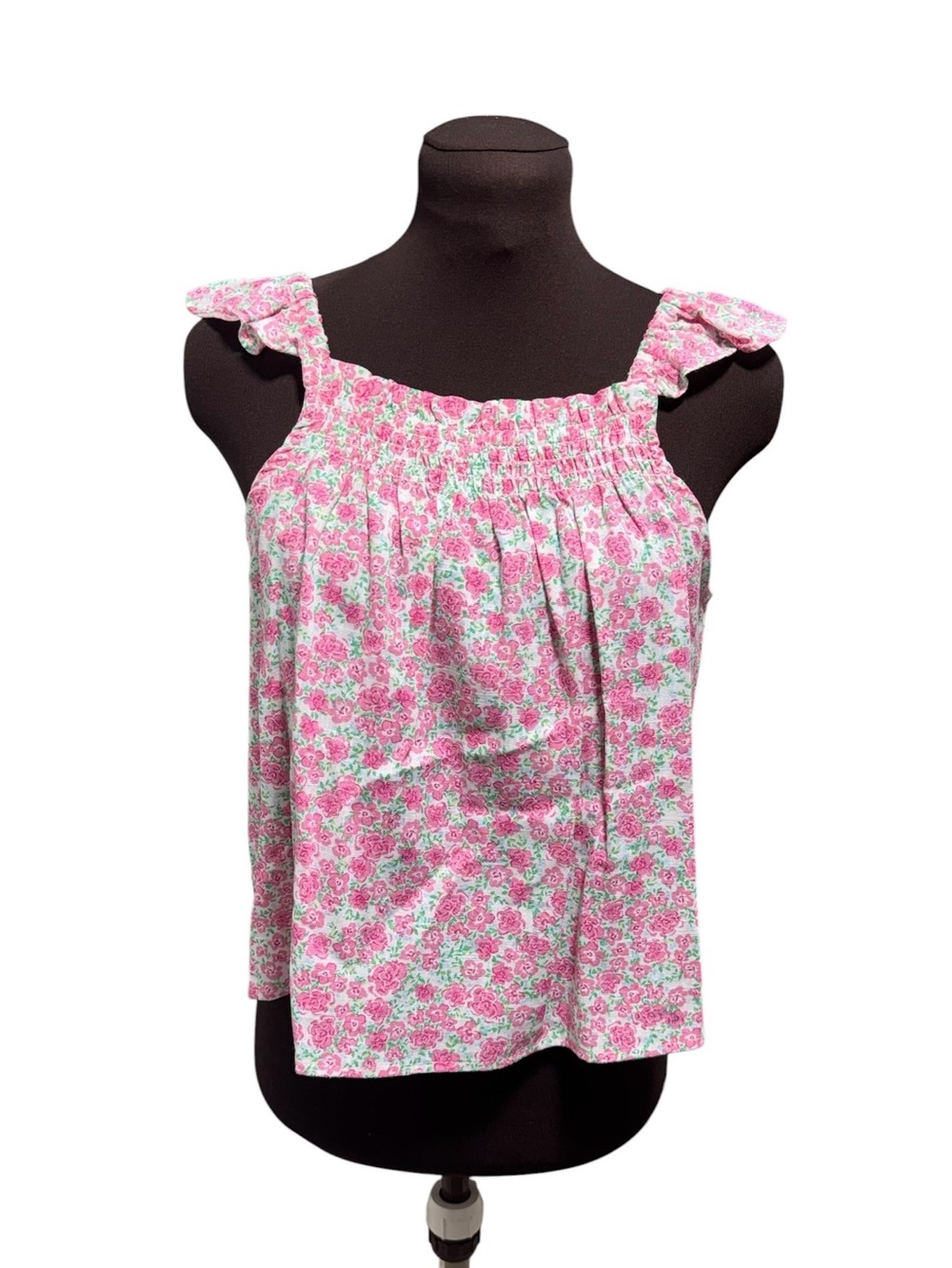Copper Key Girls XL 16 Floral Tank Top Ruffle Strap Linen Blend Pink White NWT